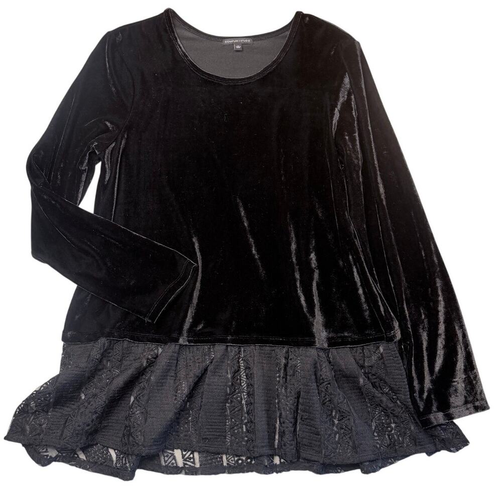 Whimsygoth Drop Waist Lace Trim Velvet Blouse Top Shirt Sz XL Black Goth Funky